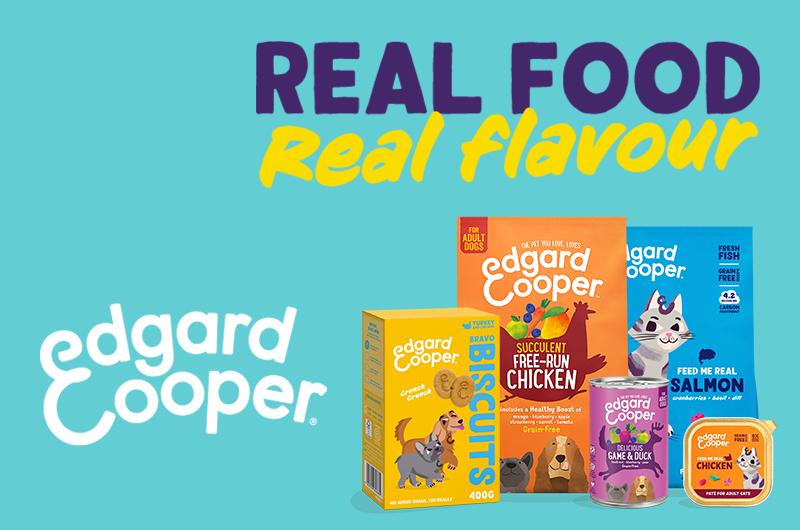 Edgard & Cooper pet food products with colorful packaging for dogs and cats, featuring chicken and salmon flavors. Text: "Real Food, Real Flavour."